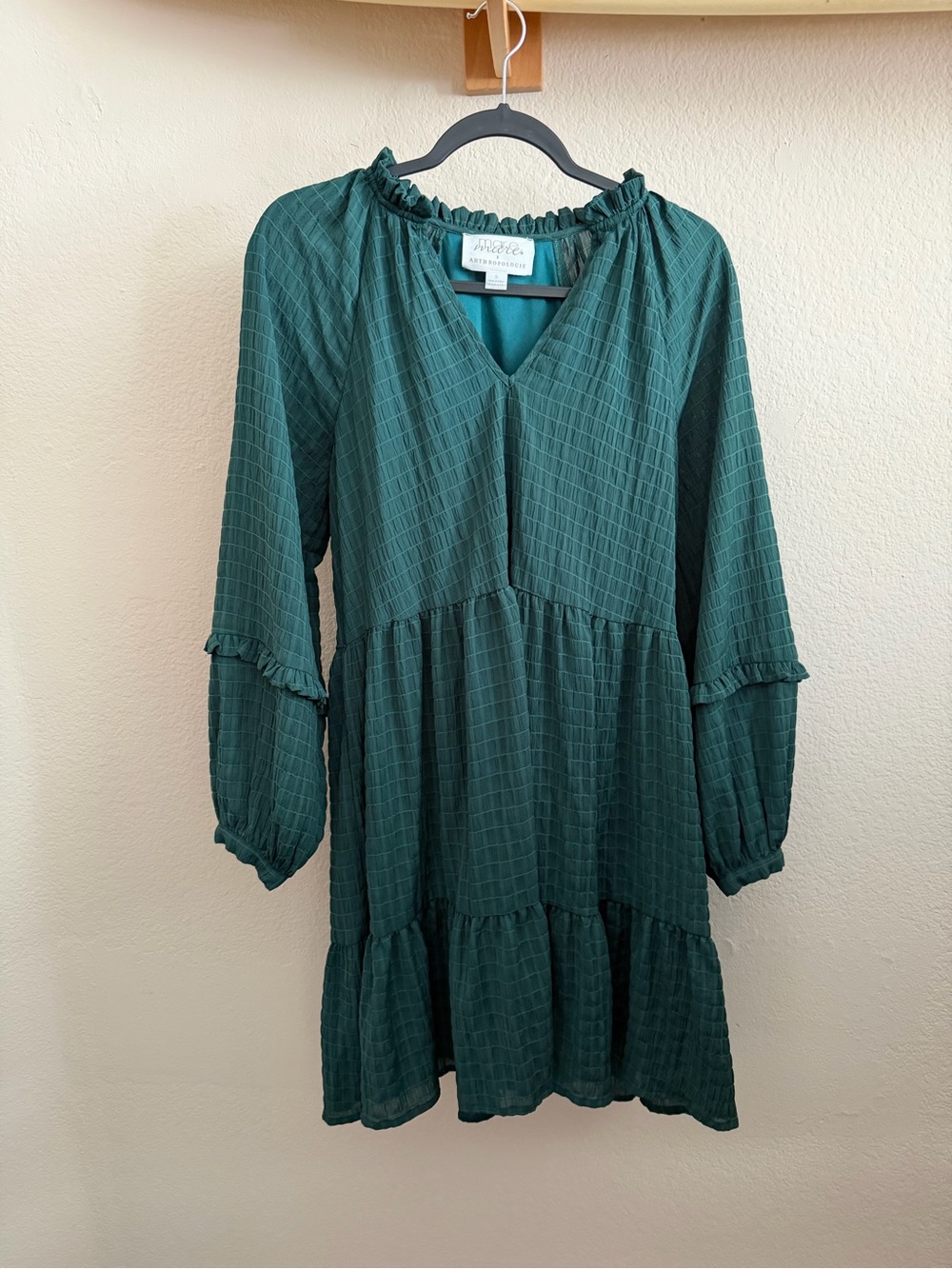 Anthropologie Forest Green Long Sleeve Tiered V-Neck Dress